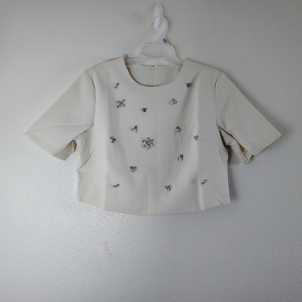 Erqi White Embellished 2 Piece Top & Skirt Set Crystal Floral Size L NWOT